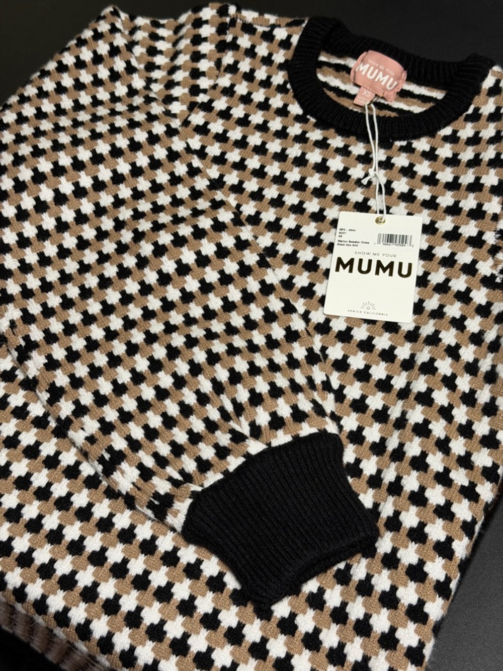 Show Me Your Mumu Black, Cream & Brown Houndstooth Knit Mini Sweater Dress - Picture 16 of 16